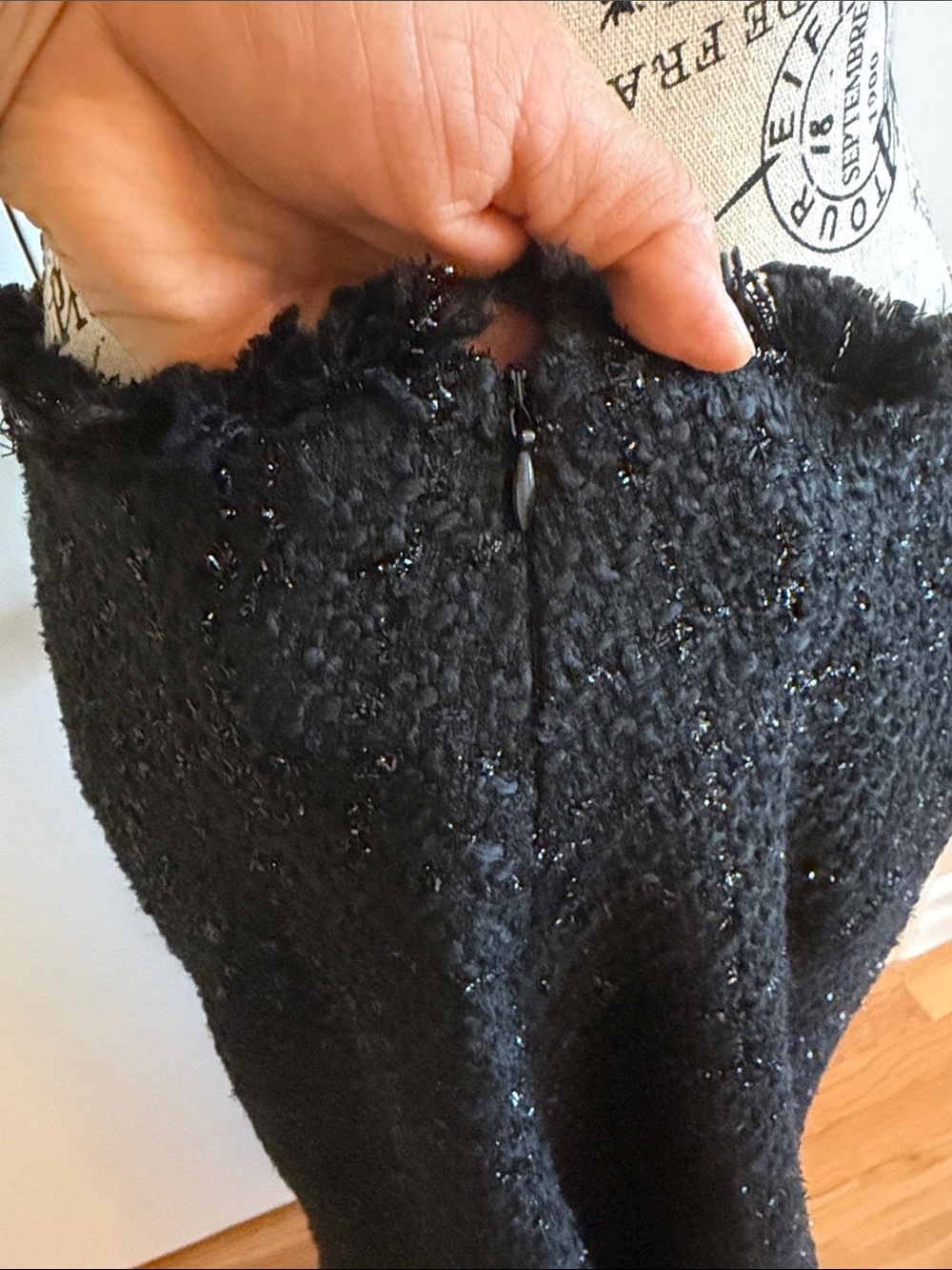 Tweed Metallic Black Fringe-Trim Mermaid Maxi Skirt L - Picture 5 of 12